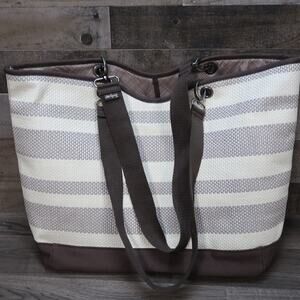 Thirty One Woven Straw Paper Tote Bag Striped